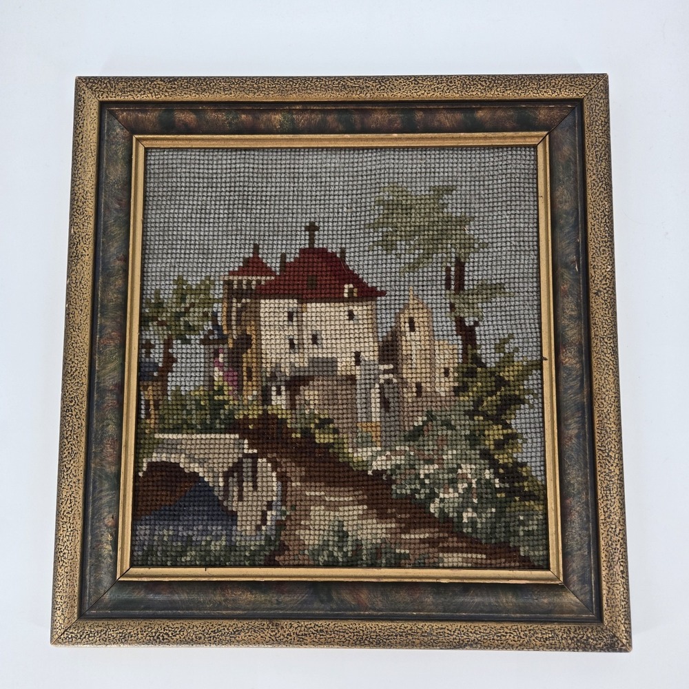 Vintage Framed Needlepoint European Village Tapestry Art 15.5 x16 MCM Church Cot
